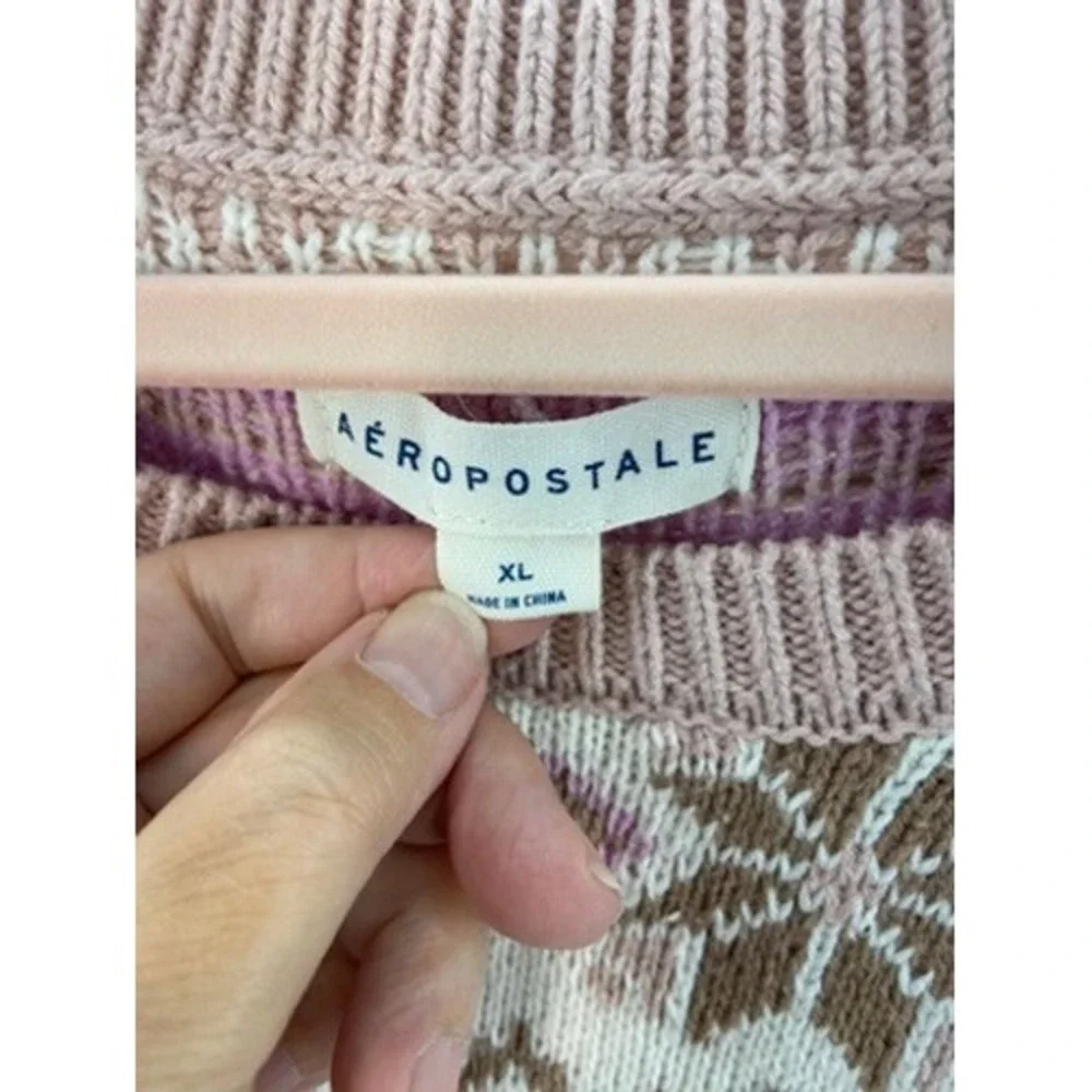 Aeropostale Fair Isle Sweater Womens XL Pink Cropped Snowflake Knit Scoop Neck